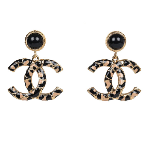 Chanel Large Leopard Print CC Dangle Earrings Black/Brown Enamel Gold Hardware
