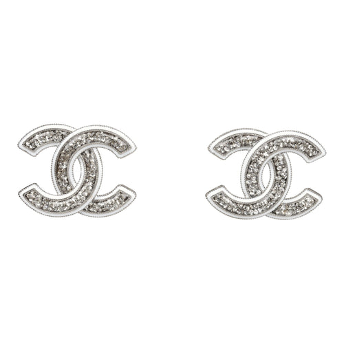 Chanel Large Lucite CC Crystal Stud Earrings White Enamel and Silver Hardware