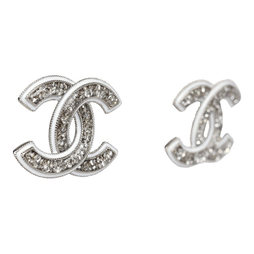 Chanel Large Lucite CC Crystal Stud Earrings White Enamel and Silver Hardware