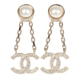 Chanel CC Drop Earrings Pearl & Crystals Light Gold Tone Metal