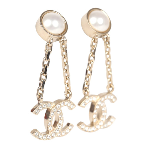 Chanel CC Drop Earrings Pearl & Crystals Light Gold Tone Metal