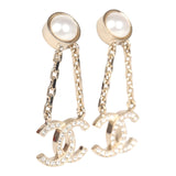 Chanel CC Drop Earrings Pearl & Crystals Light Gold Tone Metal