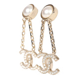 Chanel CC Drop Earrings Pearl & Crystals Light Gold Tone Metal