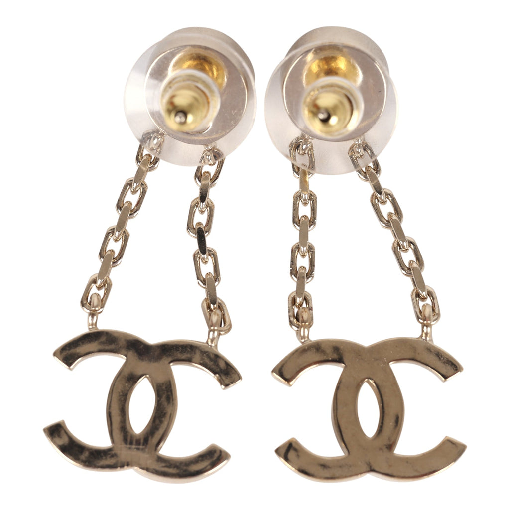 Chanel CC Drop Earrings Pearl Crystals Light Gold Tone Metal