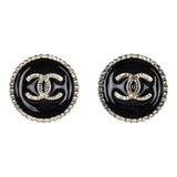 Chanel Small Round CC Button Earrings Black Enamel Light Gold Tone Metal