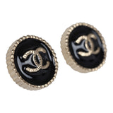 Chanel Small Round CC Button Earrings Black Enamel Light Gold Tone Metal