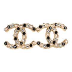 Chanel CC Crystals & Resin Pearls Stud Earrings Black and White Gold Tone Metal