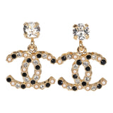 Chanel CC Crystals & Resin Pearls Dangle Earrings Blac and White Gold Tone Metal