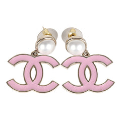 Chanel Large Enamel CC Dangle Earrings Light Pink Faux Pearl/Light Gold Tone Hardware