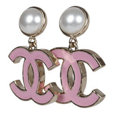 Chanel Large Enamel CC Dangle Earrings Light Pink Faux Pearl/Light Gold Tone Hardware