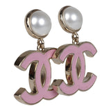 Chanel Large Enamel CC Dangle Earrings Light Pink Faux Pearl/Light Gold Tone Hardware