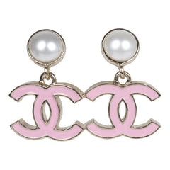 Chanel Small Enamel CC Dangle Earrings Light Pink Faux Pearl/Light Gold Tone Hardware