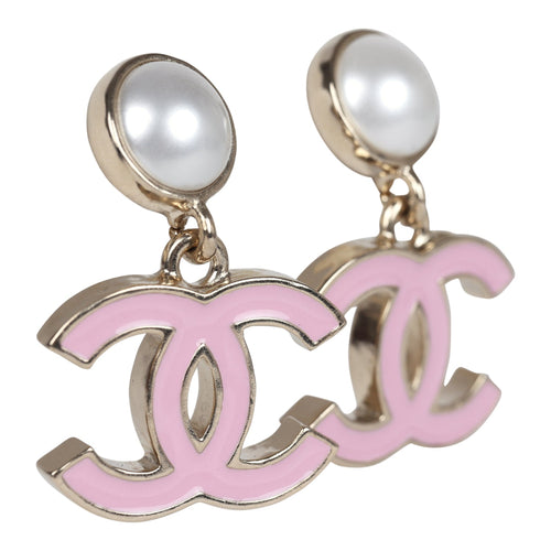 Chanel Small Enamel CC Dangle Earrings Light Pink Faux Pearl/Light Gold Tone Hardware