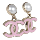 Chanel Small Enamel CC Dangle Earrings Light Pink Faux Pearl/Light Gold Tone Hardware