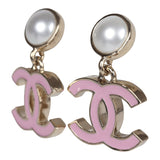 Chanel Small Enamel CC Dangle Earrings Light Pink Faux Pearl/Light Gold Tone Hardware