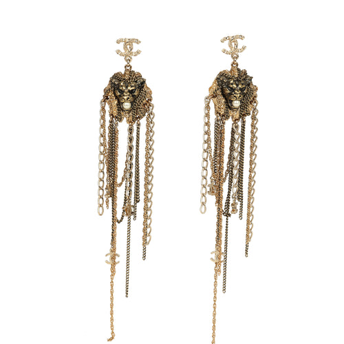 Pre-owned Chanel Lion Head Tassel Earrings Faux Pearl and Antique Gold Tone Hardware