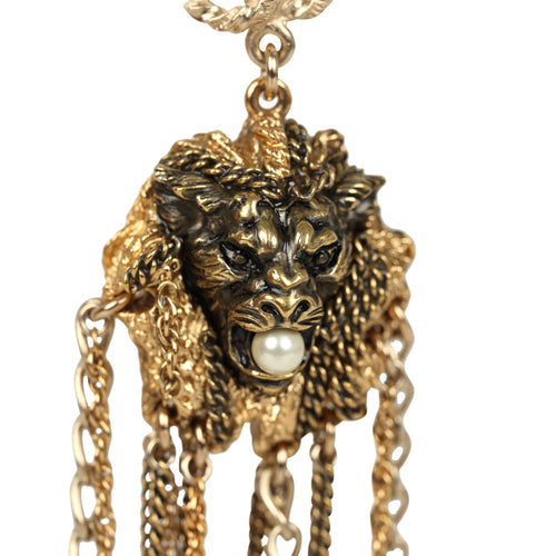 Pre-owned Chanel Lion Head Tassel Earrings Faux Pearl and Antique Gold Tone Hardware