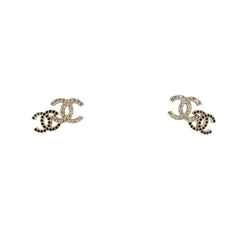 Chanel Double CC Crystal Stud Earrings Black Gold Tone Hardware