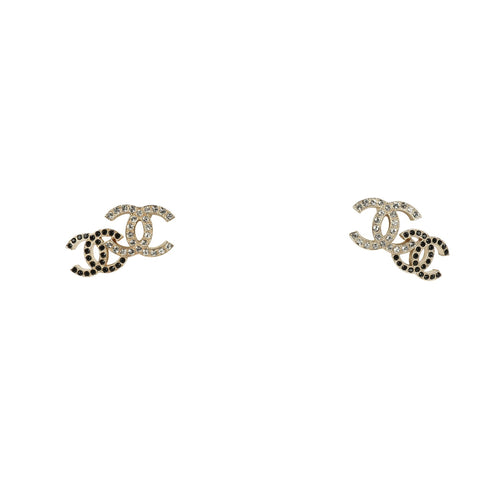 Chanel Double CC Crystal Stud Earrings Black Gold Tone Hardware