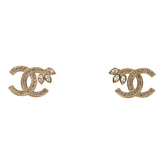 Chanel Crystal Floral CC Stud Earrings Gold Tone Hardware