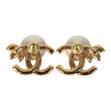 Chanel Crystal Floral CC Stud Earrings Gold Tone Hardware