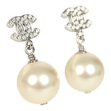 Chanel Small Crystal CC Pearl Drop Earrings Silver Tone Metal