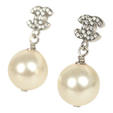 Chanel Small Crystal CC Pearl Drop Earrings Silver Tone Metal