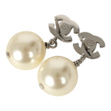 Chanel Small Crystal CC Pearl Drop Earrings Silver Tone Metal