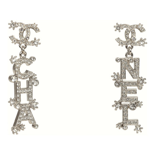 Chanel Crystal "CHA-NEL" Letter Drop Earrings Silver Tone Hardware