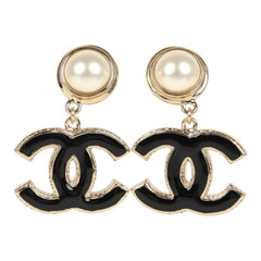 Chanel CC Dangle Earrings Black Enamel and Faux Pearl Light Gold Tone Hardware