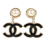 Chanel CC Dangle Earrings Black Enamel and Faux Pearl Light Gold Tone Hardware - Thumbnail View 1