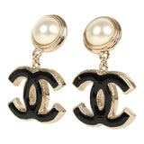 Chanel CC Dangle Earrings Black Enamel and Faux Pearl Light Gold Tone Hardware - Thumbnail View 2