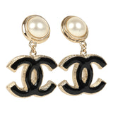 Chanel CC Dangle Earrings Black Enamel and Faux Pearl Light Gold Tone Hardware - Thumbnail View 3