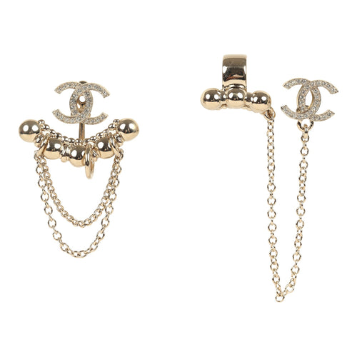 Chanel Crystal CC Dangle & Chain Link Ear Cuff Earrings Light Gold Tone Hardware