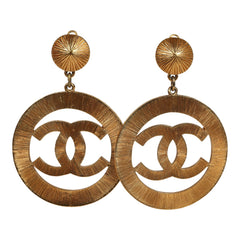 Vintage Chanel Large CC Sunburst Dangle Earrings Gold Plated Hardware