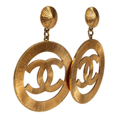 Vintage Chanel Large CC Sunburst Dangle Earrings Gold Plated Hardware