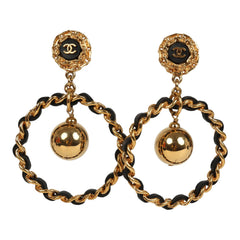 Vintage Chanel Large Chain Link Hoop Dangle Earrings Black Leather and Gold Plated Hardware