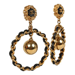 Vintage Chanel Large Chain Link Hoop Dangle Earrings Black Leather and Gold Plated Hardware