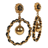 Vintage Chanel Large Chain Link Hoop Dangle Earrings Black Leather and Gold Plated Hardware - Thumbnail View 2
