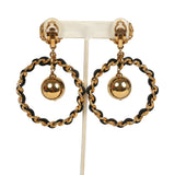 Vintage Chanel Large Chain Link Hoop Dangle Earrings Black Leather and Gold Plated Hardware - Thumbnail View 5