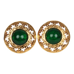 Vintage Chanel Round Gripoix Earrings Green Gold Plated Hardware