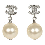 Pre-owned Chanel Small Crystal CC Pearl Drop Earrings Silver Tone Metal - Thumbnail View 1