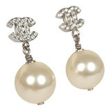 Pre-owned Chanel Small Crystal CC Pearl Drop Earrings Silver Tone Metal - Thumbnail View 2