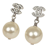 Pre-owned Chanel Small Crystal CC Pearl Drop Earrings Silver Tone Metal - Thumbnail View 3