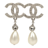 Pre-owned Chanel Large Crystal CC Pearl Drop Earrings Silver Tone Metal - Thumbnail View 1
