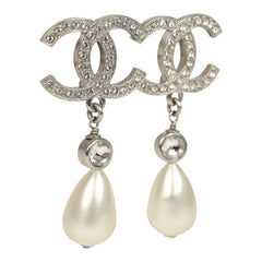 Pre-owned Chanel Large Crystal CC Pearl Drop Earrings Silver Tone Metal
