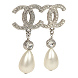 Pre-owned Chanel Large Crystal CC Pearl Drop Earrings Silver Tone Metal - Thumbnail View 2