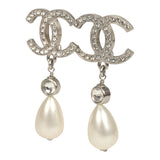 Pre-owned Chanel Large Crystal CC Pearl Drop Earrings Silver Tone Metal - Thumbnail View 3