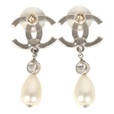 Pre-owned Chanel Large Crystal CC Pearl Drop Earrings Silver Tone Metal - Thumbnail View 4