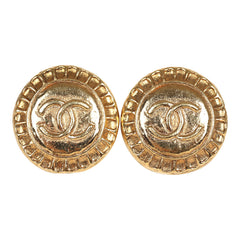 Vintage Chanel Small Round Sun Border CC Clip On Earrings Gold Plated Hardware